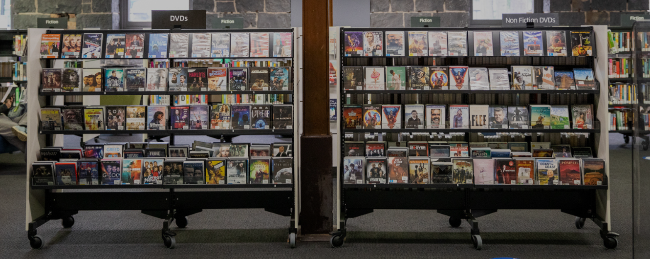 A view of the DVD collection at FItzroy Library