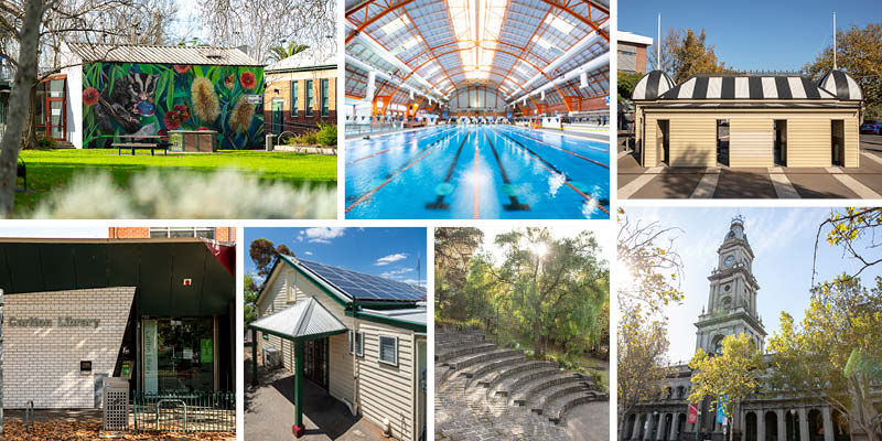 7 images of properties in Yarra: Djerring Centre, Richmond Recreation Centre, Victoria Park, Carlton Library, Collingwood Library, Fairfield Amphitheatre, Collingwood Town Hall. 